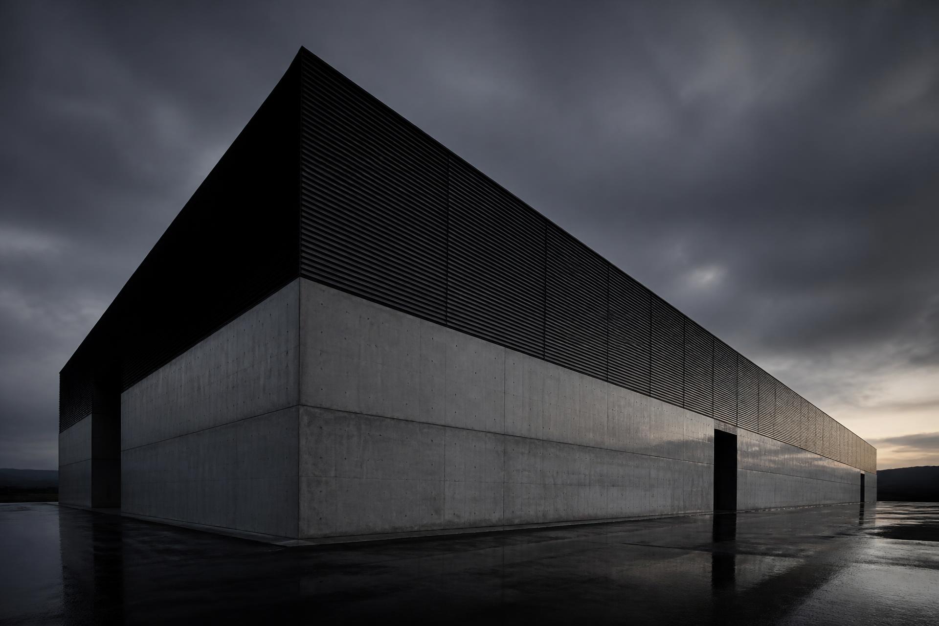Zeitgenössische Industriearchitektur mit Sichtbetonfassade und dunkler Metallverkleidung unter bedecktem Himmel